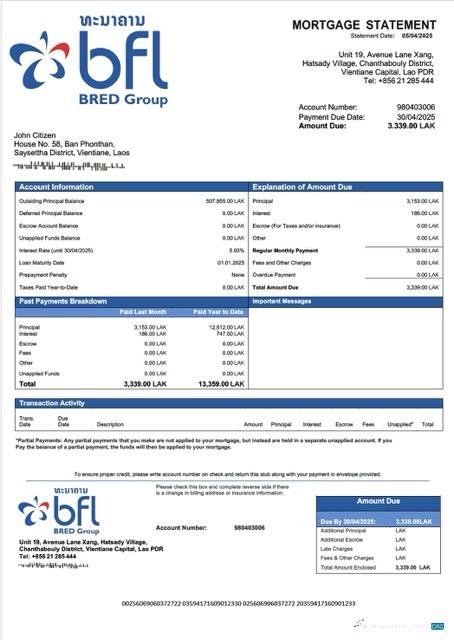 Download Laos Banque Franco Lao mortgage statement Word and PDF template Photoshop template